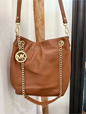Michael Kors Tan Brown Leather Hobo with Gold Chain Trim